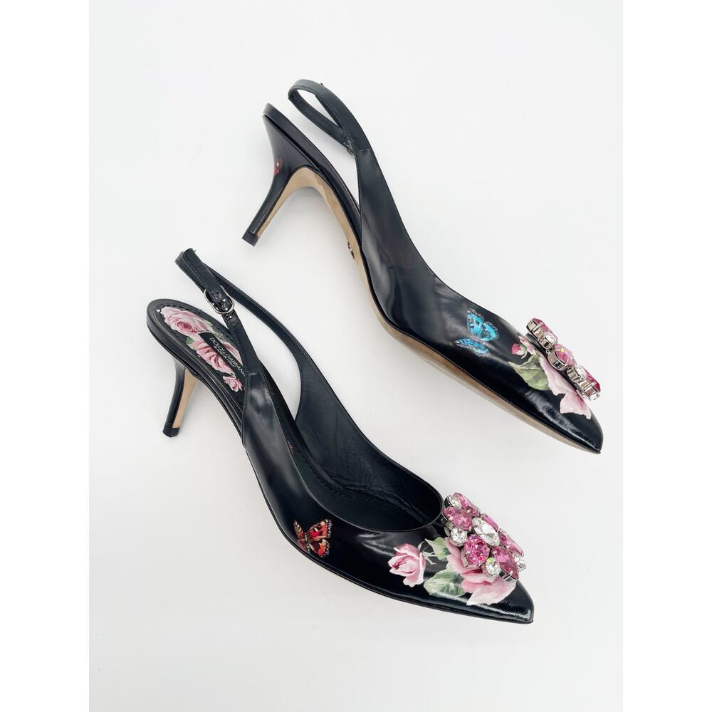 Dolce & Gabbana Black Rose Butterfly Crystal Pointed Toe Slingback Heels IT 40 - Picture 5 of 16